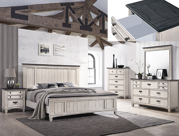 Sawyer B9100 bedroom set in rustic white finish with plank-style bed, dresser with mirror, chest and nightstand in farmhouse style.