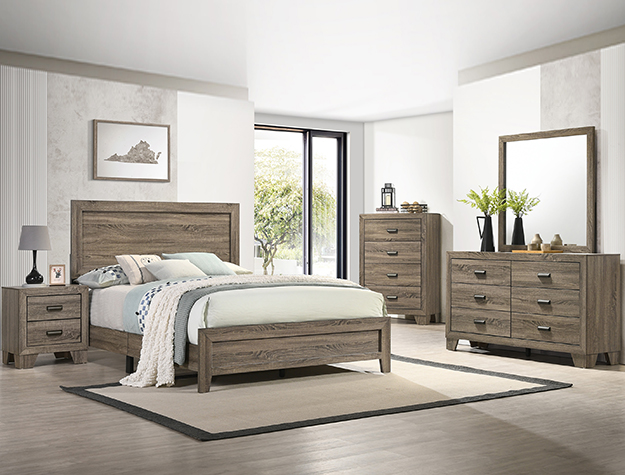 Millie B9200 bedroom set in driftwood oak finish featuring panel bed, dresser with mirror, chest, and nightstand in modern rustic style.