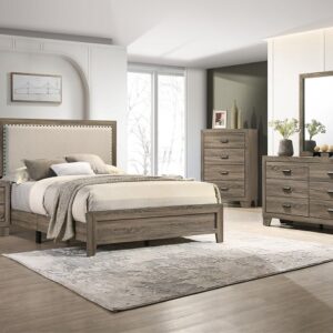 Millie B9205 upholstered bedroom set in grey driftwood finish featuring upholstered panel bed, dresser with mirror, chest, and nightstand.