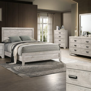 Millie B9220 bedroom set in white washed finish featuring panel bed, dresser with mirror, chest, and nightstand.