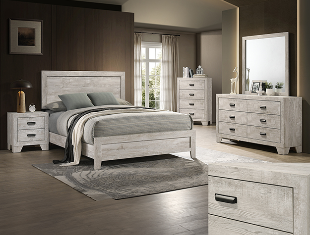 Millie B9220 bedroom set in white washed finish featuring panel bed, dresser with mirror, chest, and nightstand.