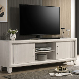 B9230-9 Charlie light modern TV stand with cabinet doors and open center shelf in contemporary living room