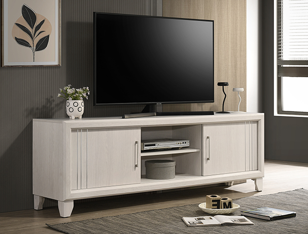 B9230-9 Charlie light modern TV stand with cabinet doors and open center shelf in contemporary living room