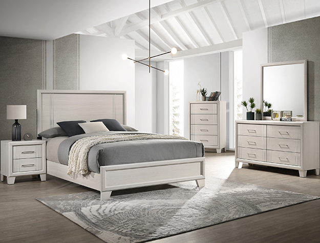 Charlie B9230 bedroom set in light neutral finish featuring panel bed, dresser with mirror, chest, and nightstand.