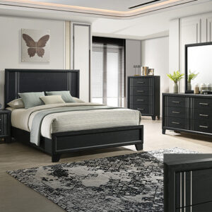 Charlie B9235 bedroom set in black finish featuring panel bed, dresser with mirror, chest, and nightstand.