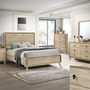 Dawson B9240 bedroom set featuring light wood finish, panel bed, dresser with mirror, chest, and nightstand.