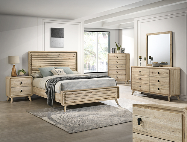 Dawson B9240 bedroom set featuring light wood finish, panel bed, dresser with mirror, chest, and nightstand.