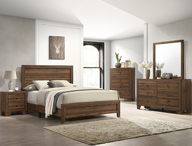 Millie B9250 bedroom set with warm brown wood finish, panel bed, dresser with mirror, chest, and nightstand.
