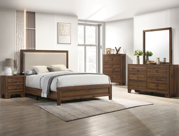 Millie B9255 upholstered bedroom set in brown wood finish featuring upholstered headboard, dresser with mirror, chest, and nightstand.