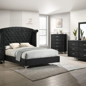 Lucinda B9265 black upholstered bedroom set featuring a tall tufted headboard, dresser with mirror, chest, and nightstand.