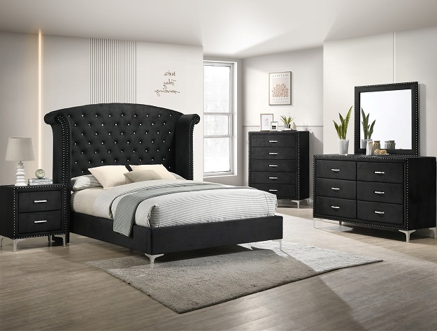 Lucinda B9265 black upholstered bedroom set featuring a tall tufted headboard, dresser with mirror, chest, and nightstand.