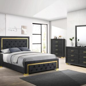 Pepe B9290 black bedroom set with tufted upholstered headboard, gold accents, dresser with mirror, chest, and nightstand.
