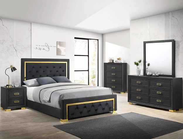Pepe B9290 black bedroom set with tufted upholstered headboard, gold accents, dresser with mirror, chest, and nightstand.
