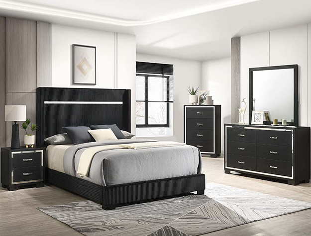 Gennro B9295 black bedroom set with modern ribbed headboard, sleek dresser with mirror, chest, and nightstand.
