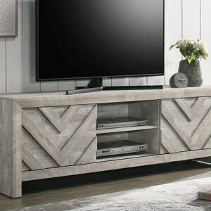 B9330-9 Valor TV stand with chevron wood pattern, light rustic finish, and center media shelving in modern farmhouse living room