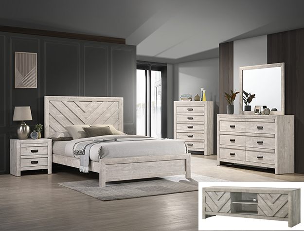 Valor B9330 white bedroom set with chevron headboard, dresser with mirror, chest, and nightstand.