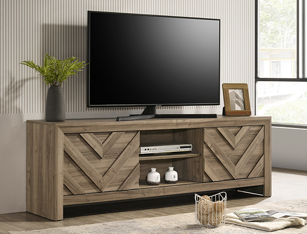 B9332-9 Valor light brown TV stand with chevron wood doors and center media shelving in rustic farmhouse living room