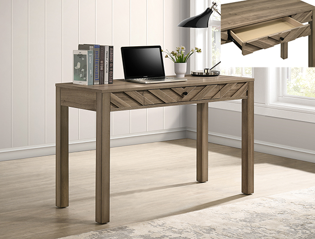 Light brown writing desk with chevron drawer front and modern design
