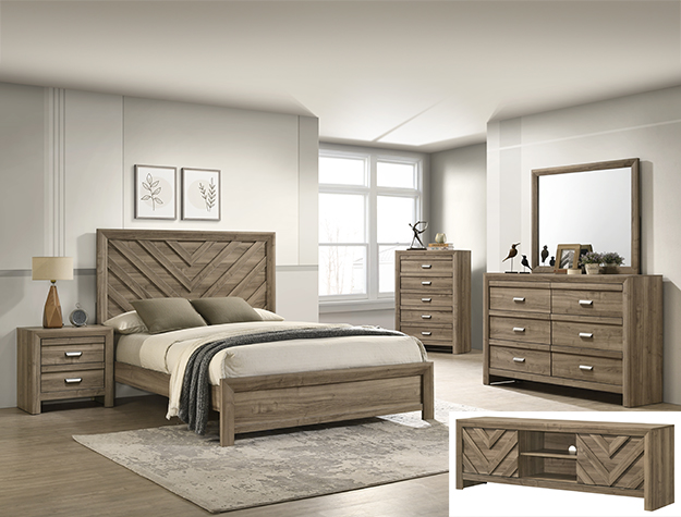 Valor B9332 light brown bedroom set with chevron headboard, dresser with mirror, chest, and nightstand.