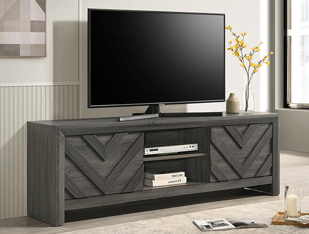 B9335-9 Valor gray TV stand with chevron wood doors and center media shelving in modern rustic living room