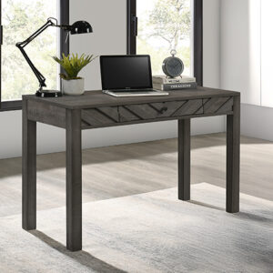 Grey writing desk with chevron drawer front and modern minimalist design
