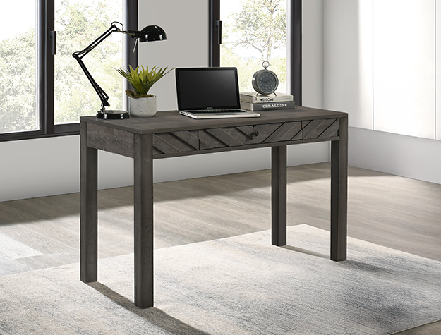 Grey writing desk with chevron drawer front and modern minimalist design