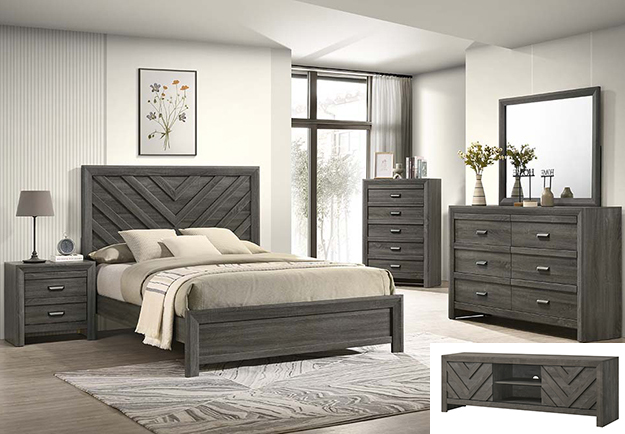 Valor B9335 grey bedroom set with chevron headboard, dresser with mirror, chest, and nightstand.
