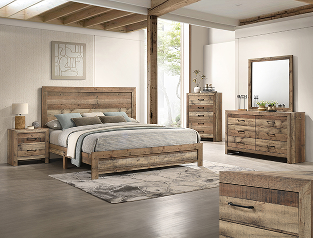 Elmer B9340 rustic bedroom set with reclaimed wood finish, dresser with mirror, chest, and nightstand.