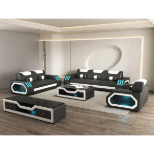 Modern black and white Italian leather match living room set with blue LED accents featuring sofa, loveseat, and chair in a futuristic contemporary design