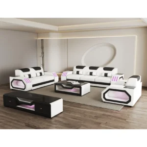 Modern white and black Italian leather match living room set with LED accents featuring sofa, loveseat, and chair in a futuristic contemporary design