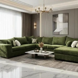 Large green velvet sectional sofa with deep seating and modern contemporary design