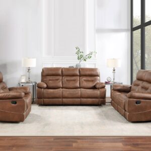 rust brown reclining sofa and loveseat set with plush cushions in modern living room