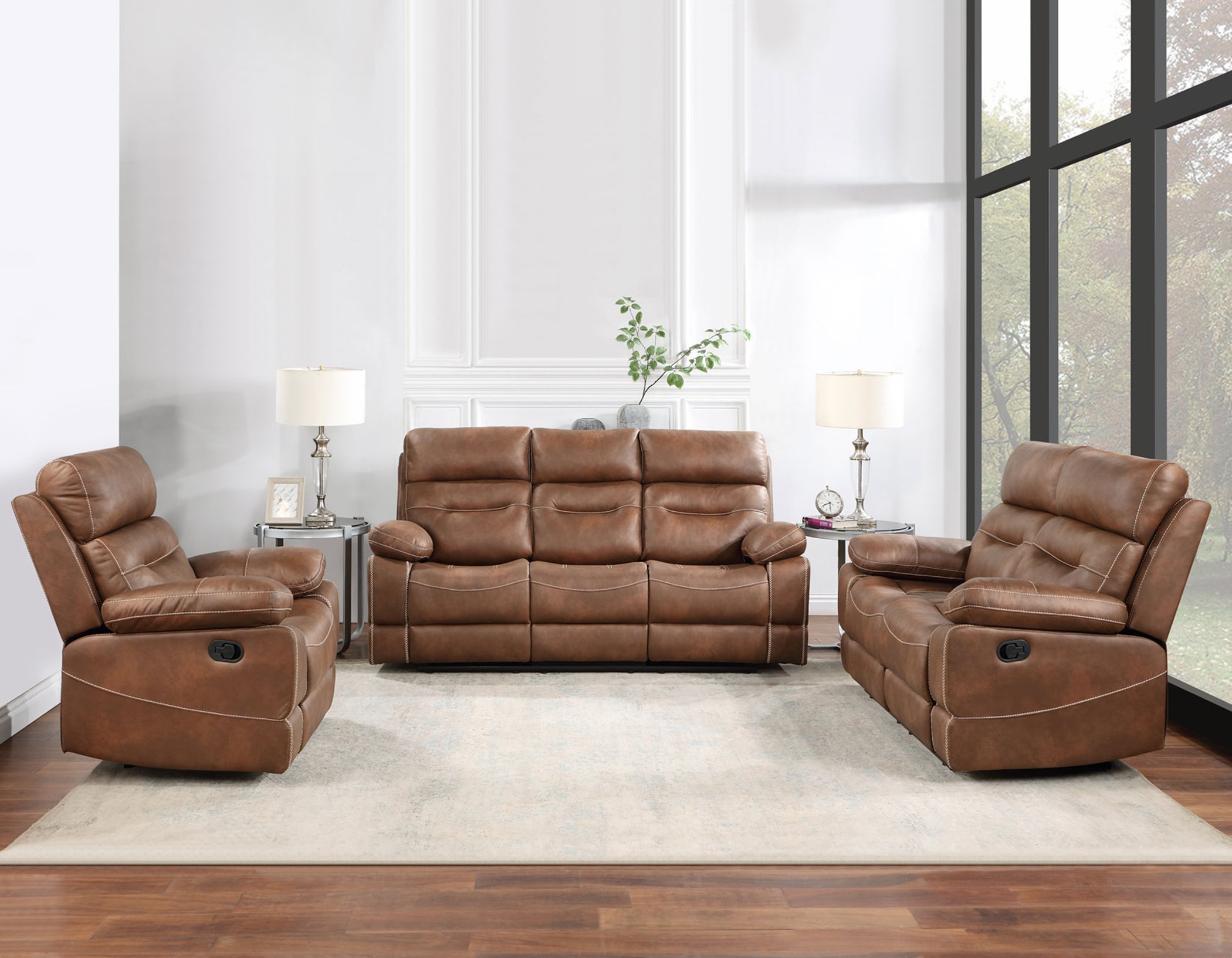 rust brown reclining sofa and loveseat set with plush cushions in modern living room