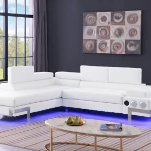 Modern white LED sectional sofa with built-in speakers and contemporary chaise lounge