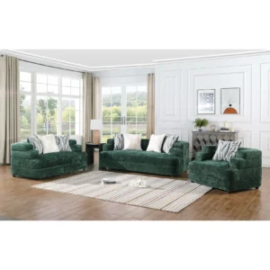 Modern green textured living room set featuring sofa, loveseat, and chair with plush contemporary design