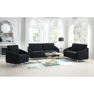 Modern black boucle living room set featuring sofa and loveseat with gold legs and contemporary styling