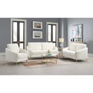 Modern white boucle living room set featuring sofa, loveseat, and chair with gold legs and contemporary styling
