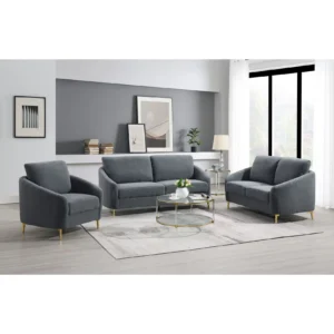 Modern grey boucle living room set featuring sofa and loveseat with gold legs and contemporary styling