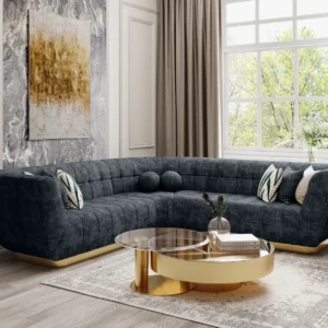 Modern black velvet sectional sofa with gold base accents in a luxurious contemporary curved design