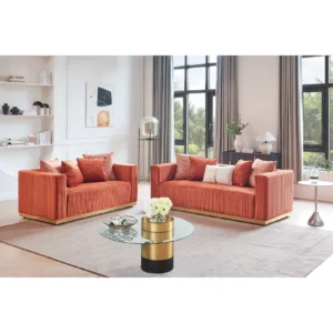 Rust velvet living room set with gold accents featuring sofa and loveseat in a modern contemporary design