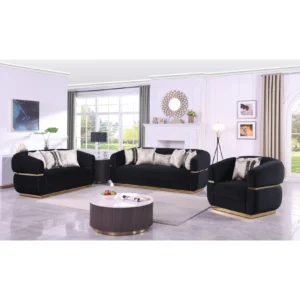 Black velvet living room set with gold accents featuring sofa, loveseat, and chair in a modern luxury design