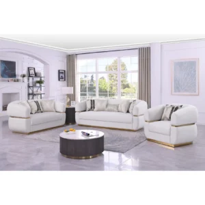 Cream velvet living room set with gold accents featuring sofa, loveseat, and chair in a modern luxury design
