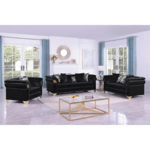 Black velvet living room set with silver nailhead trim featuring sofa, loveseat, and chair in a modern elegant design