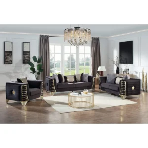 Black velvet living room set with gold accents featuring sofa, loveseat, and chair in a luxury contemporary design
