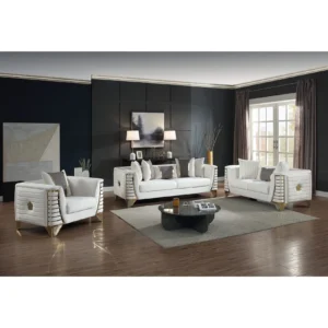 Cream velvet living room set with gold accents featuring sofa, loveseat, and chair in a luxury contemporary design