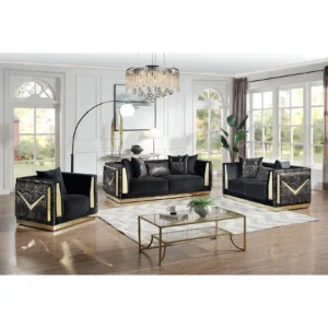 Luxury black velvet living room set with gold accents featuring sofa, loveseat, and chair in an elegant contemporary design