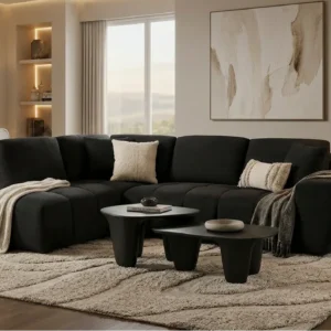 Modern black sectional sofa with oversized plush seating and contemporary curved design