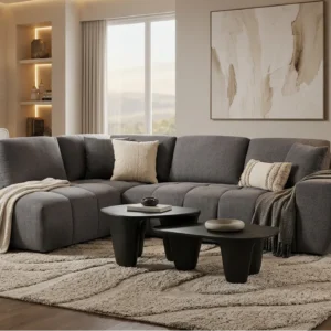 Modern gray sectional sofa with oversized plush seating and contemporary curved design