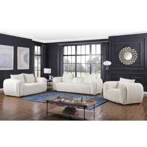 Modern white boucle living room set featuring curved sofa, loveseat, and chair with soft textured upholstery