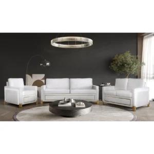 Modern white velvet living room set with gold accents featuring sofa, loveseat, and recliner chair in a glamorous contemporary design